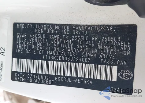 2011 Toyota Avalon from USA, damaged, VIN 4T1BK3DB0BU394087